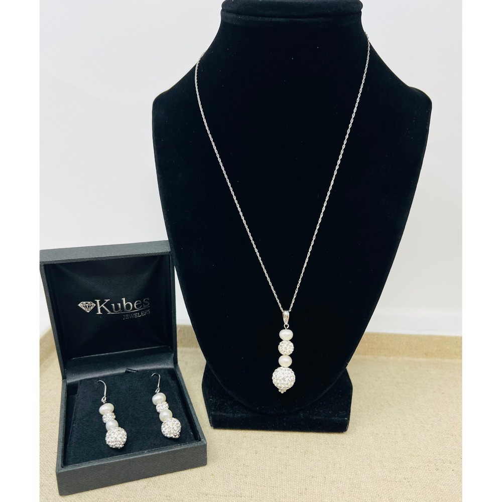 Imperial Pearl Syndicate Sterling Silver Pearl & Crystal Pave Ball Necklace Set
